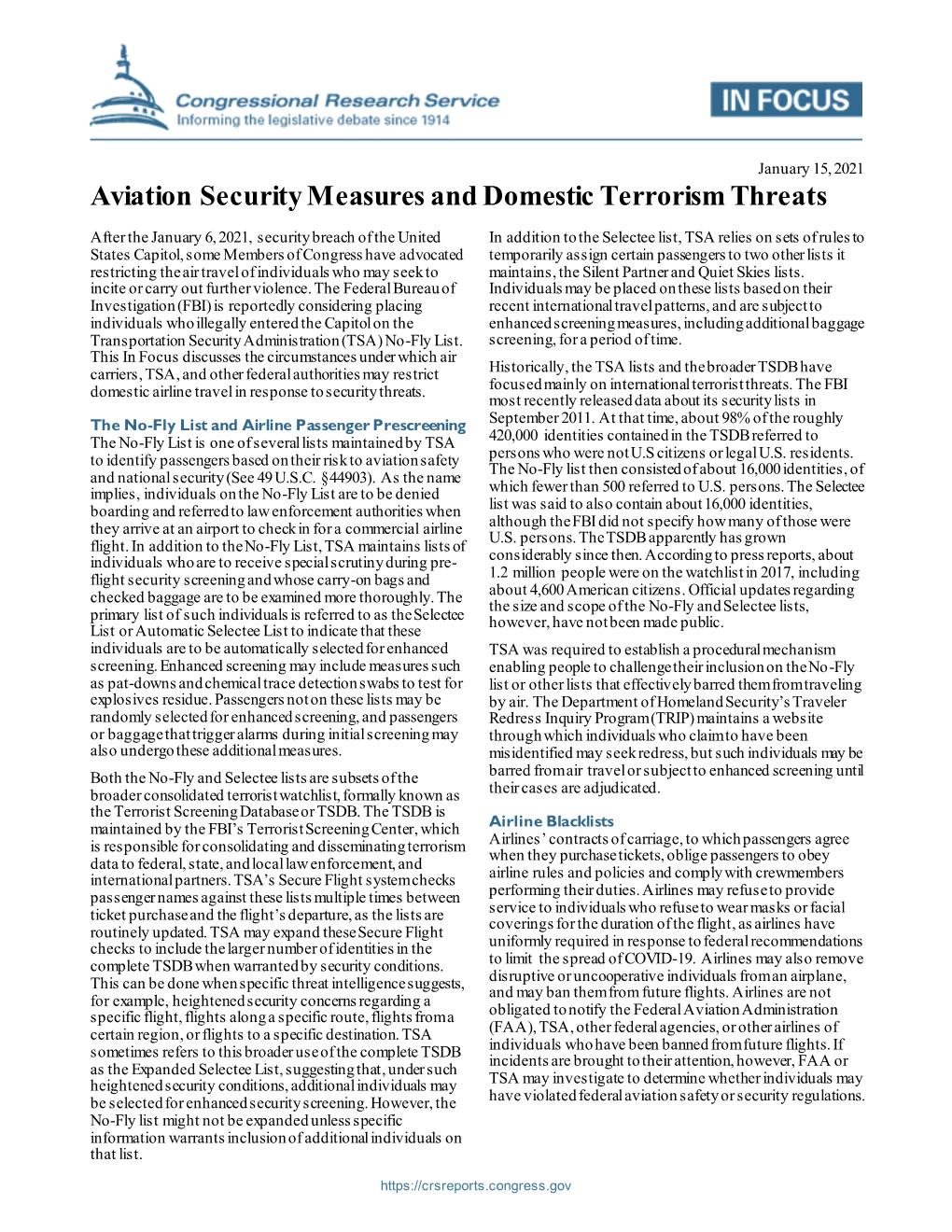 Aviation Security Measures and Domestic Terrorism Threats