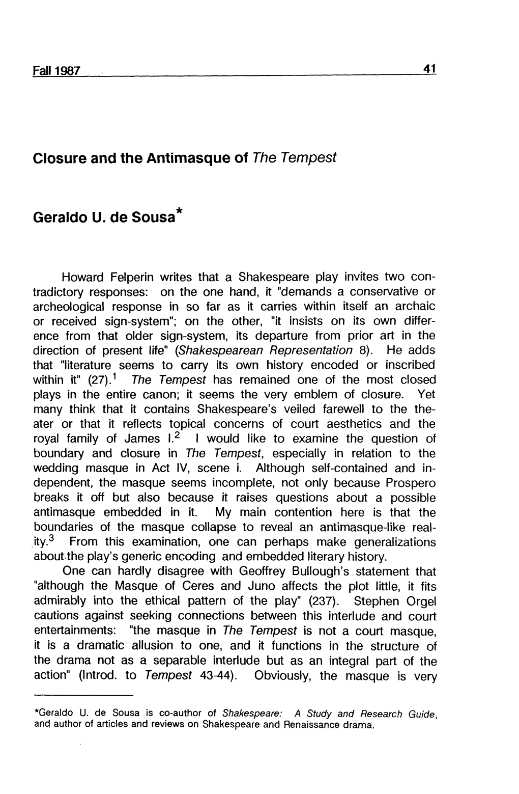 Closure and the Antimasque of the Tempest Geraldo U. De Sousa*