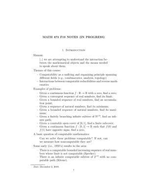MATH 873 F19 NOTES (IN PROGRESS) 1. Introduction