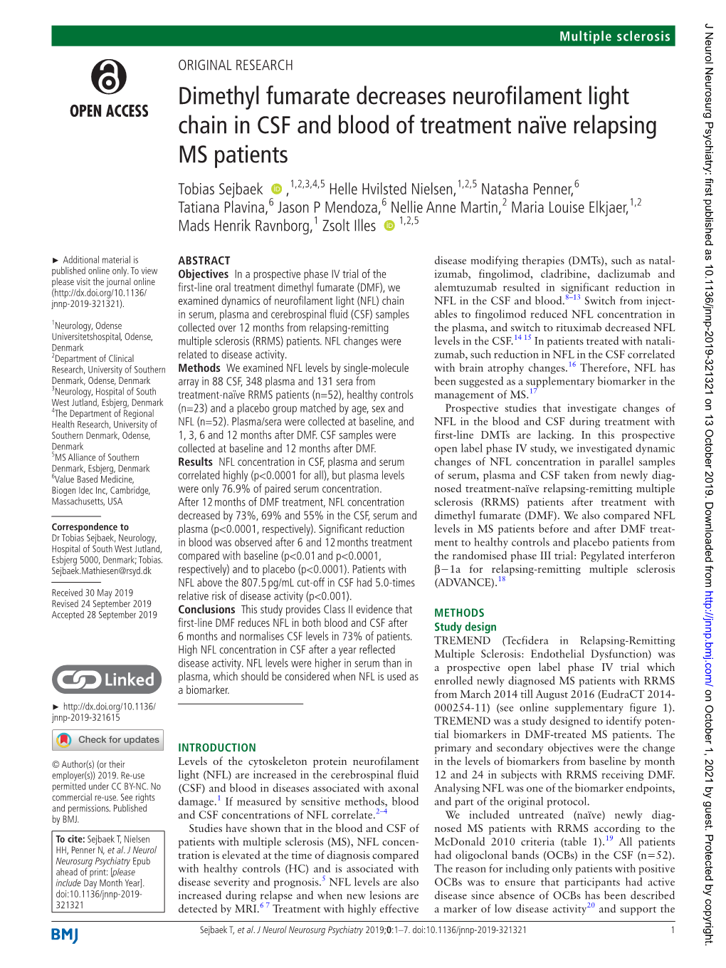 Dimethyl Fumarate Decreases Neurofilament Light Chain in CSF