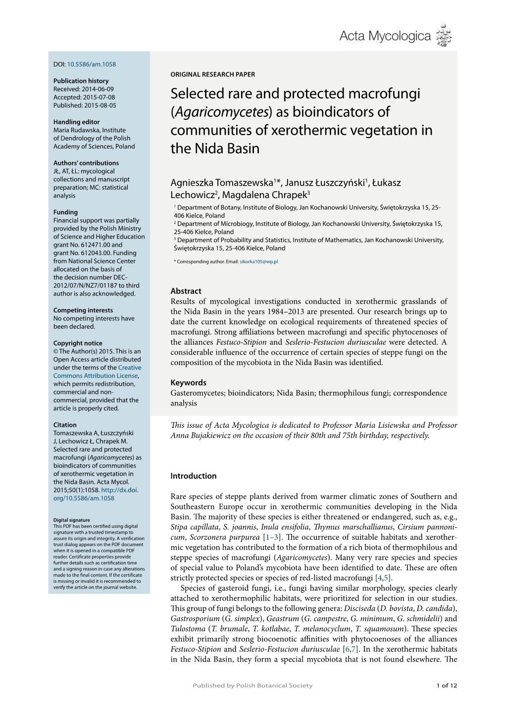 (Agaricomycetes) As Bioindicators of Communities of Xerothermic Vegetation in Introduction the Nida Basin