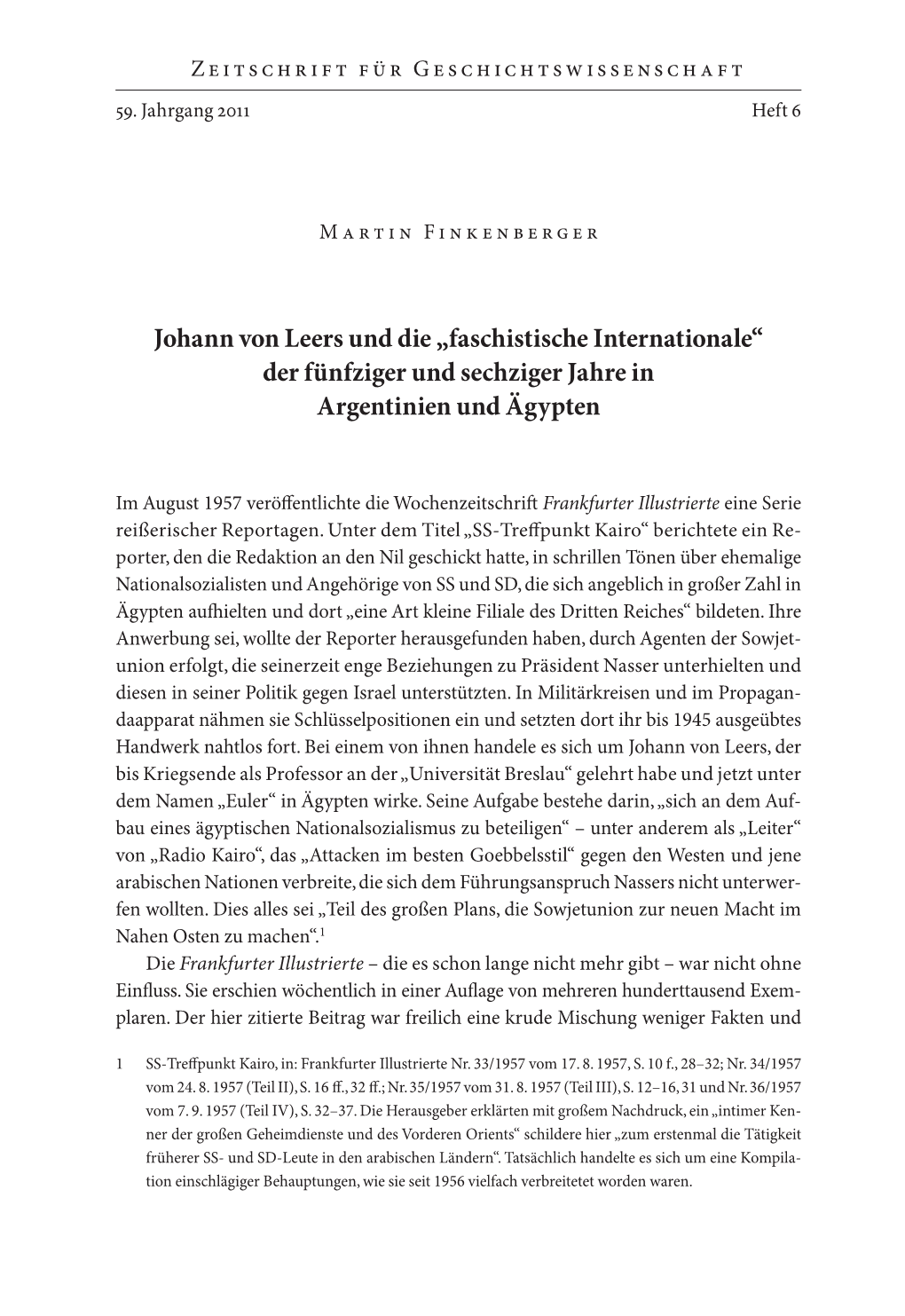 Johann Von Leers Und Die „Faschistische Internationale“ Der Fünfziger Und Sechziger Jahre in Argentinien Und Ägypten