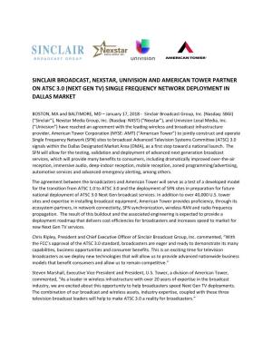 Sinclair Broadcast, Nexstar, Univision and American Tower Partner on Atsc 3.0 (Next Gen Tv) Single Frequency Network Deployment in Dallas Market