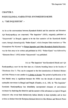 Chapters. Postcolonial Narratives: Byomkesh Bakshi. A. "The Inquisitor":