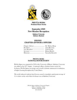 Phi ETA Sigma September 2020 New Member Recognition