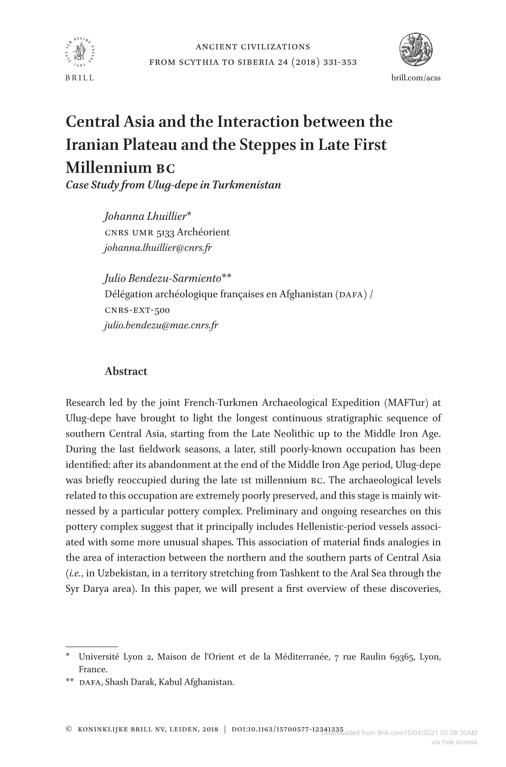 Central Asia and the Interaction Between the Iranian Plateau and the Steppes in Late First Millennium BC Case Study from Ulug-Depe in Turkmenistan