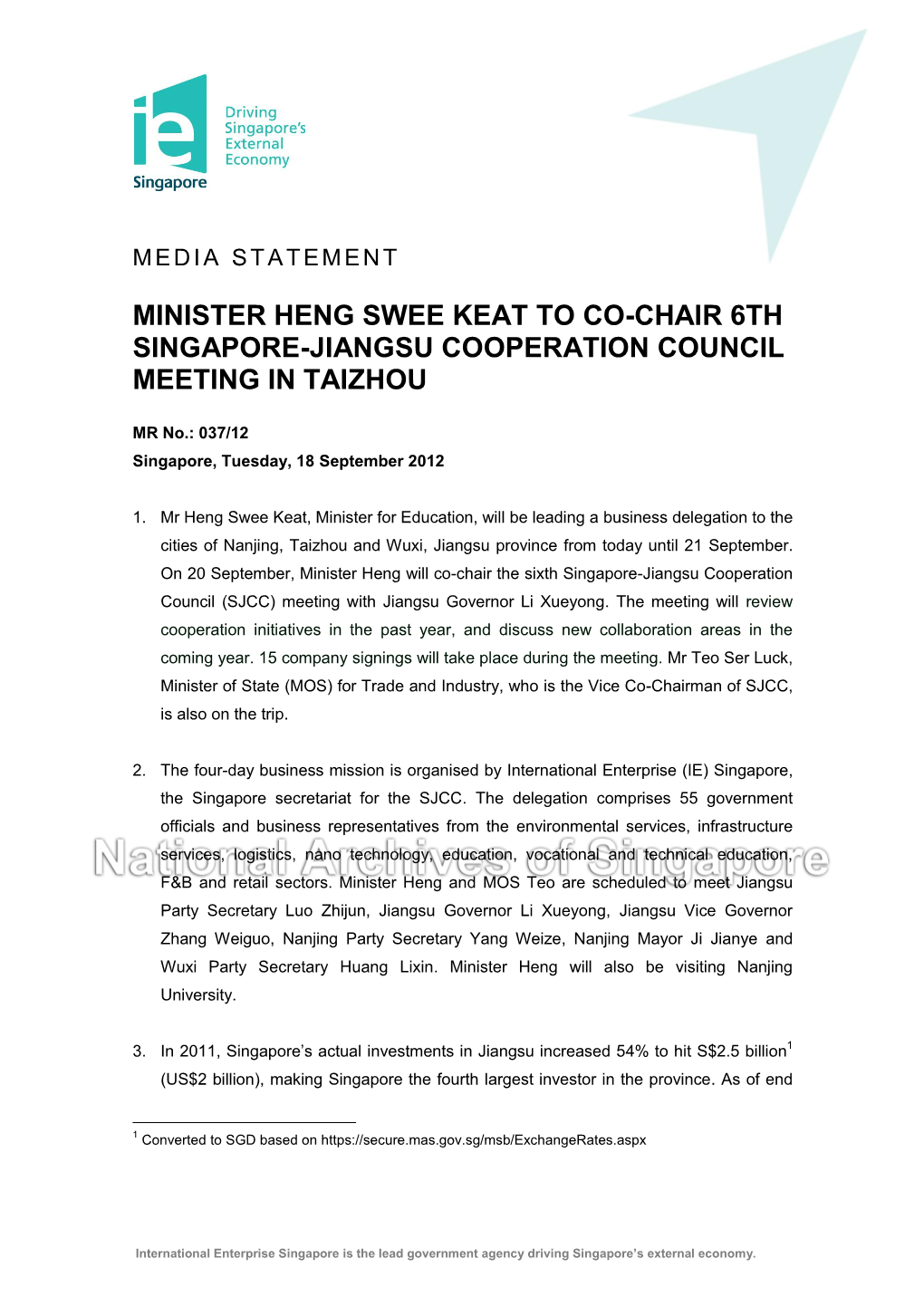 Minister Heng Swee Keat to Co-Chair 6Th Singapore-Jiangsu Cooperation Council Meeting in Taizhou