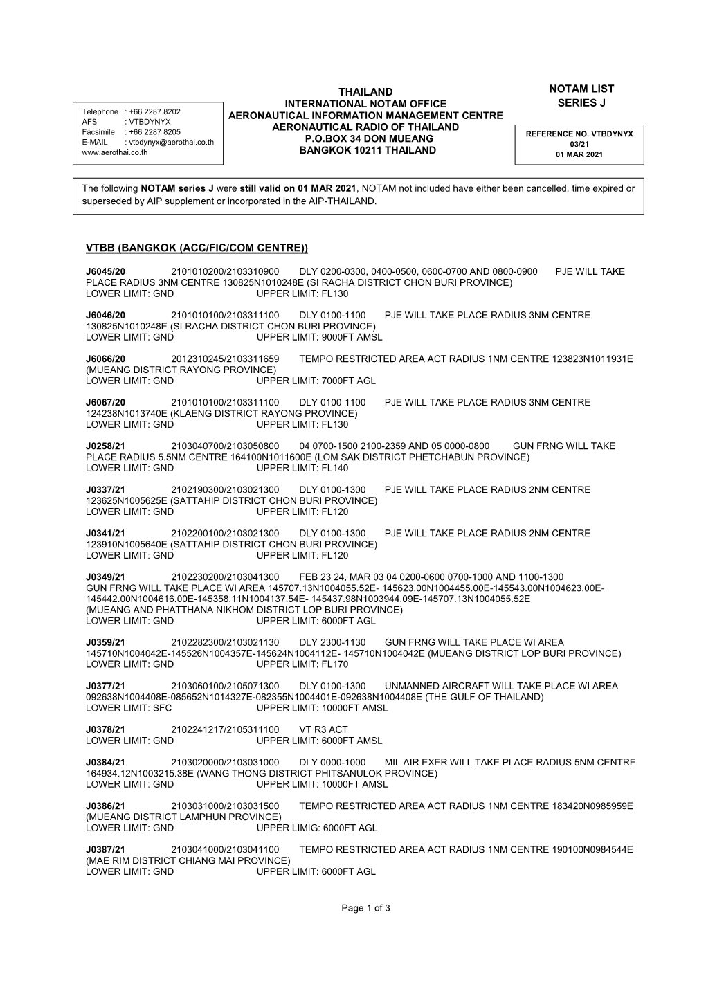 (Bangkok (Acc/Fic/Com Centre)) Notam List Series J