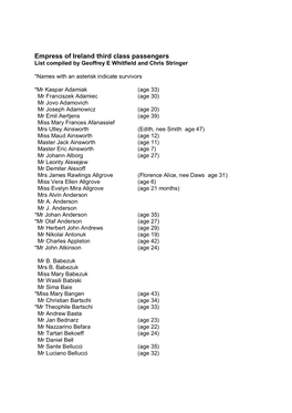 Empress of Ireland Third Class Passengers List Compiled by Geoffrey E Whitfield and Chris Stringer