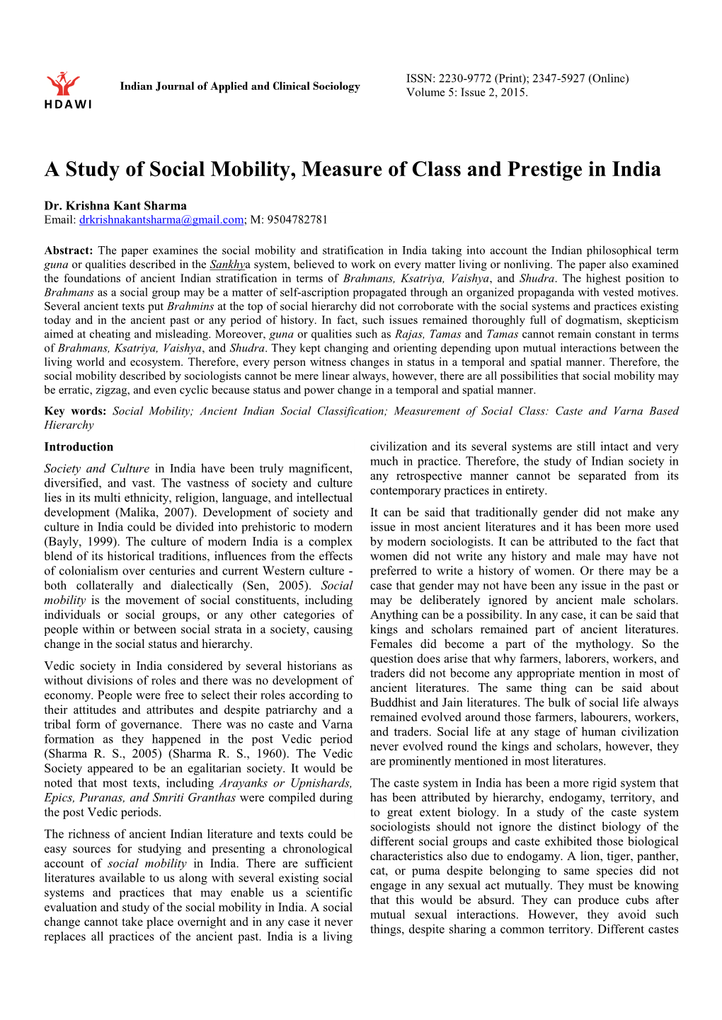 A Study of Social Mobility, Measure of Class and Prestige in India