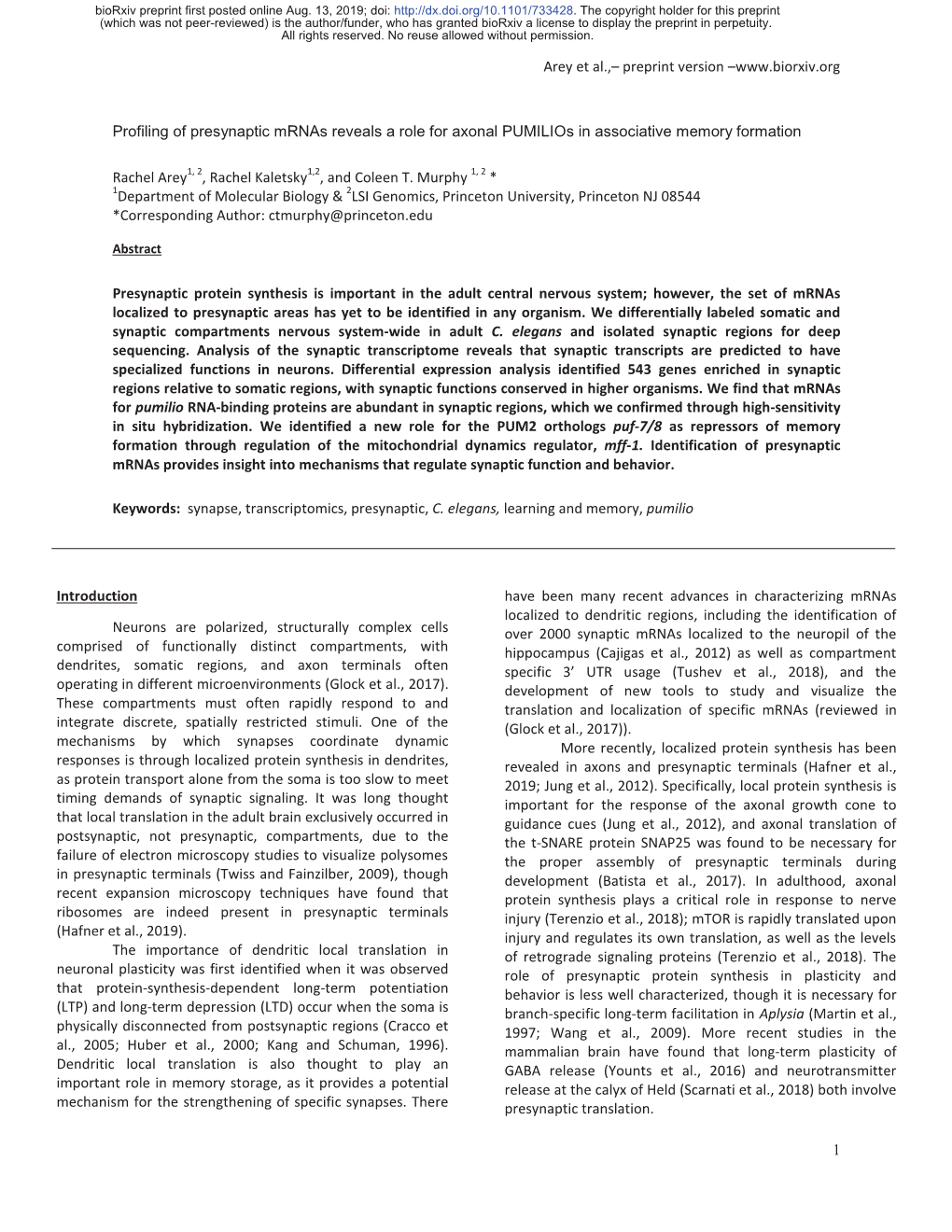 Preprint Version – 1 Profiling of Presynaptic Mrnas