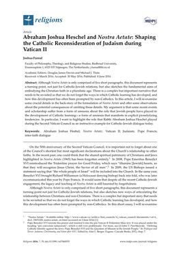Abraham Joshua Heschel and Nostra Aetate: Shaping the Catholic Reconsideration of Judaism During Vatican II