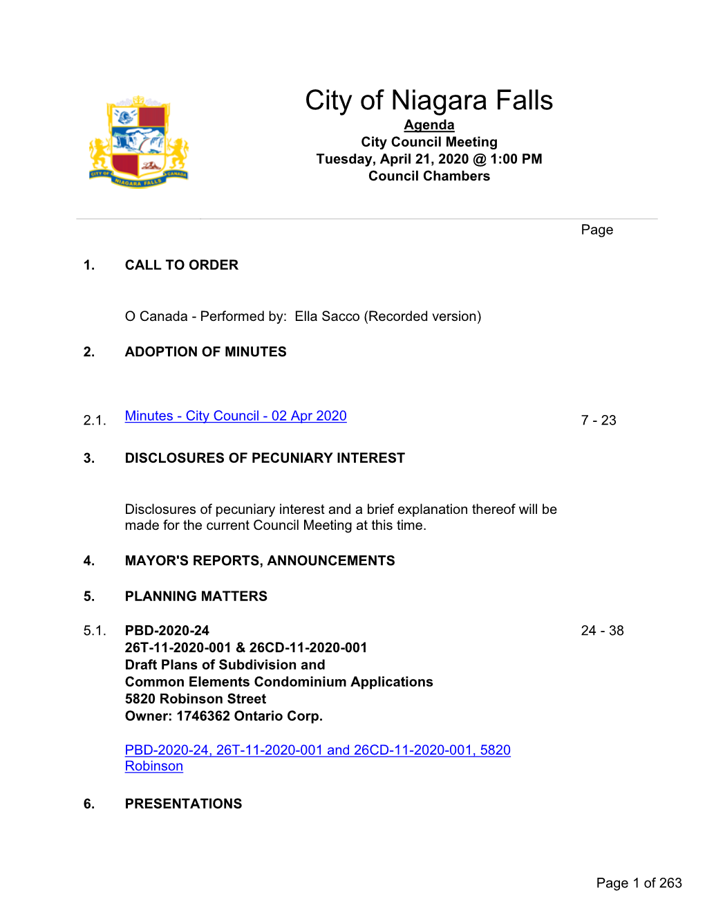 City Council Meeting Tuesday, April 21, 2020 @ 1:00 PM Council Chambers