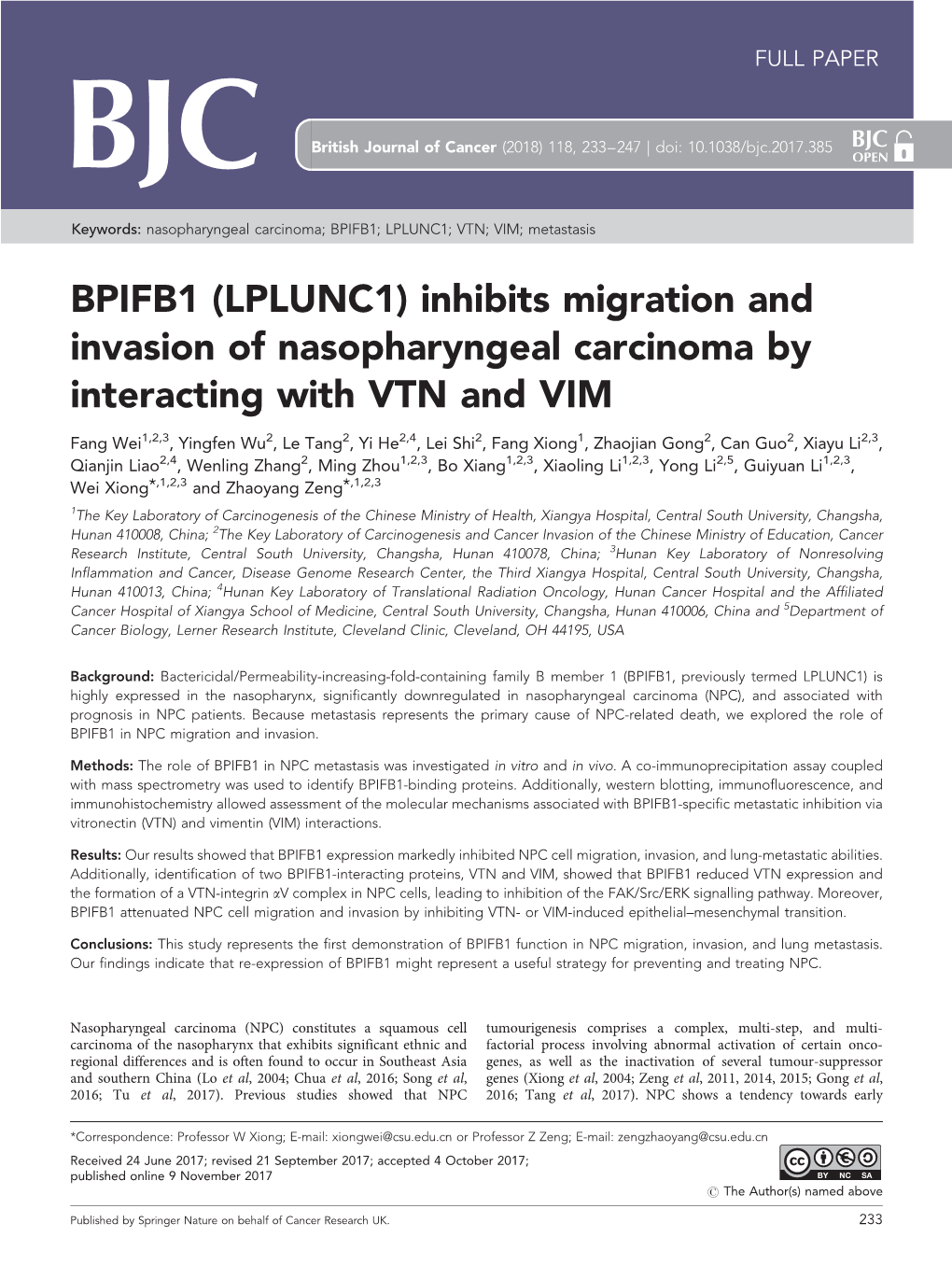 BPIFB1 (LPLUNC1) Inhibits Migration and Invasion of Nasopharyngeal Carcinoma by Interacting with VTN and VIM