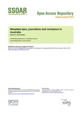 Metadata Laws, Journalism and Resistance in Australia Brevini, Benedetta