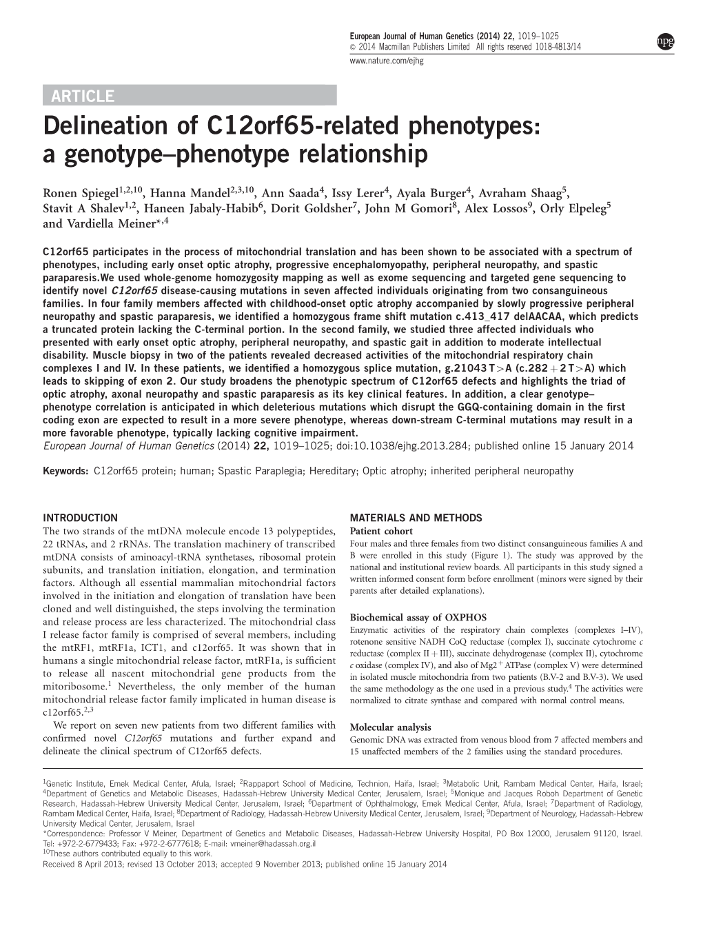 Delineation of C12orf65-Related Phenotypes: a Genotype&Ndash