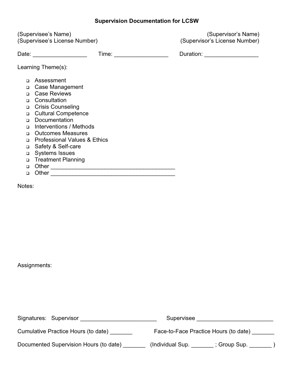 Supervision Documentation for LCSW