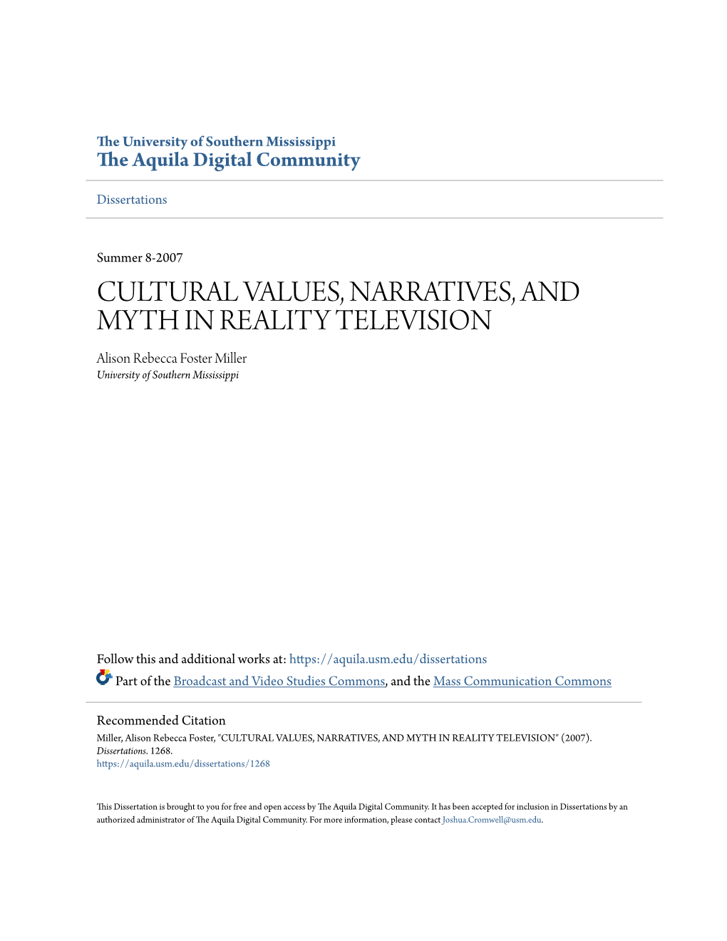 Cultural Values, Narratives, and Myth in Reality Television