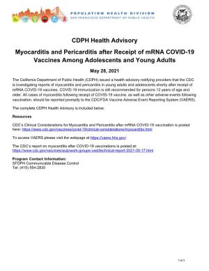 CDPH Health Advisory Myocarditis and Pericarditis After Receipt of Mrna COVID-19 Vaccines Among Adolescents and Young Adults