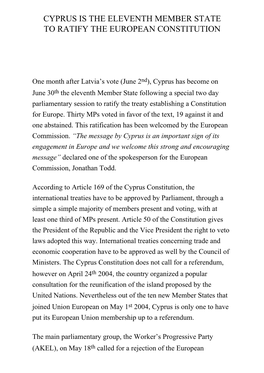 Cyprus Is the Eleventh Member State to Ratify the European Constitution