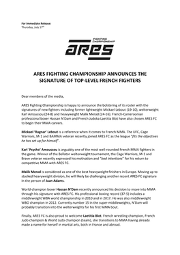 Ares Fighting Championship Announces the Signature of Top-Level French Fighters