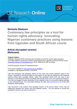 Customary Law Principles As a Tool for Human Rights Advocacy: Innovating Nigerian Customary Practices Using Lessons from Ugandan and South African Courts