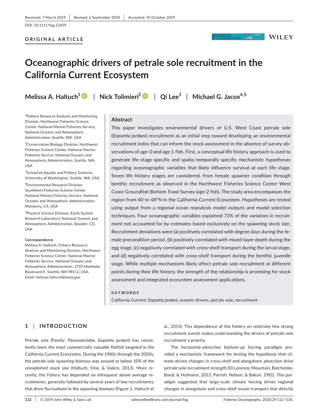 Oceanographic Drivers of Petrale Sole Recruitment in the California Current Ecosystem