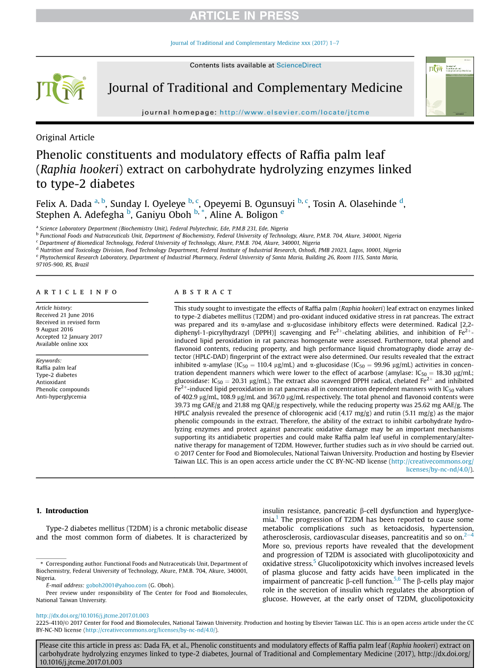 Phenolic Constituents and Modulatory Effects of Raffia Palm Leaf (Raphia Hookeri) Extract on Carbohydrate Hydrolyzing Enzymes Li