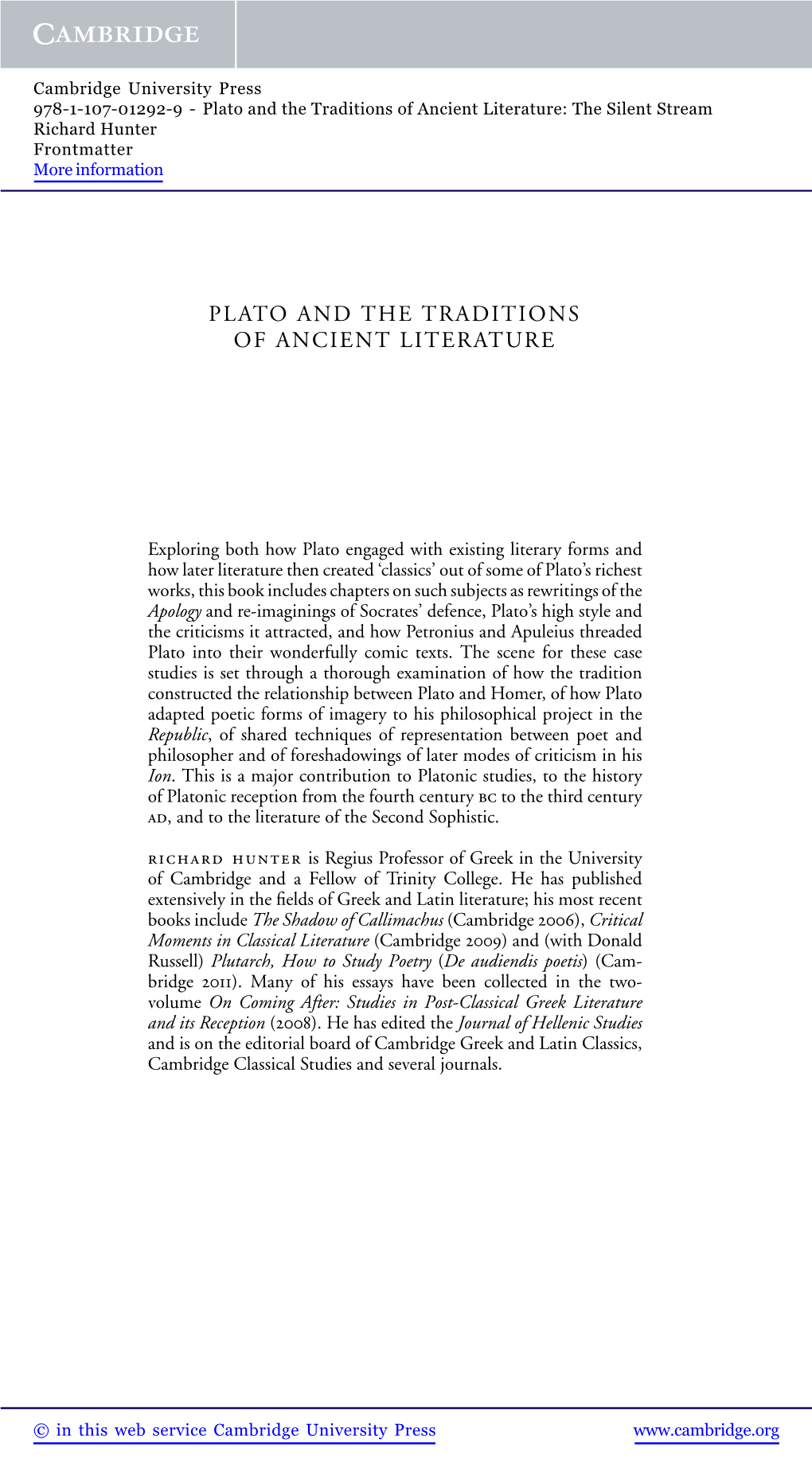 Plato and the Traditions of Ancient Literature: the Silent Stream Richard Hunter Frontmatter More Information