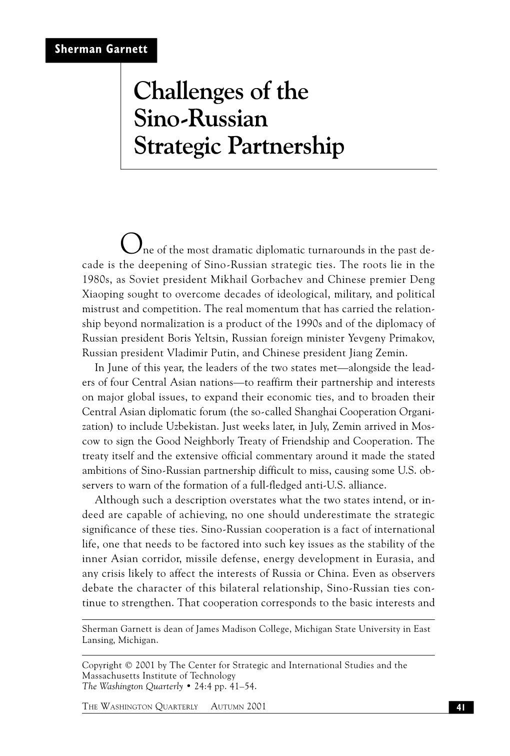 Challenges of the Sino-Russian Strategic Partnership