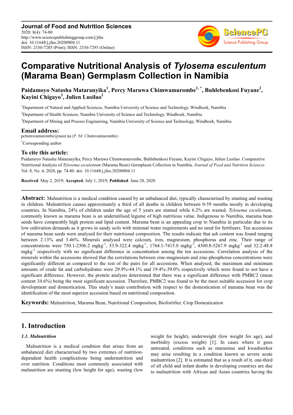 Comparative Nutritional Analysis of Tylosema Esculentum (Marama Bean) Germplasm Collection in Namibia