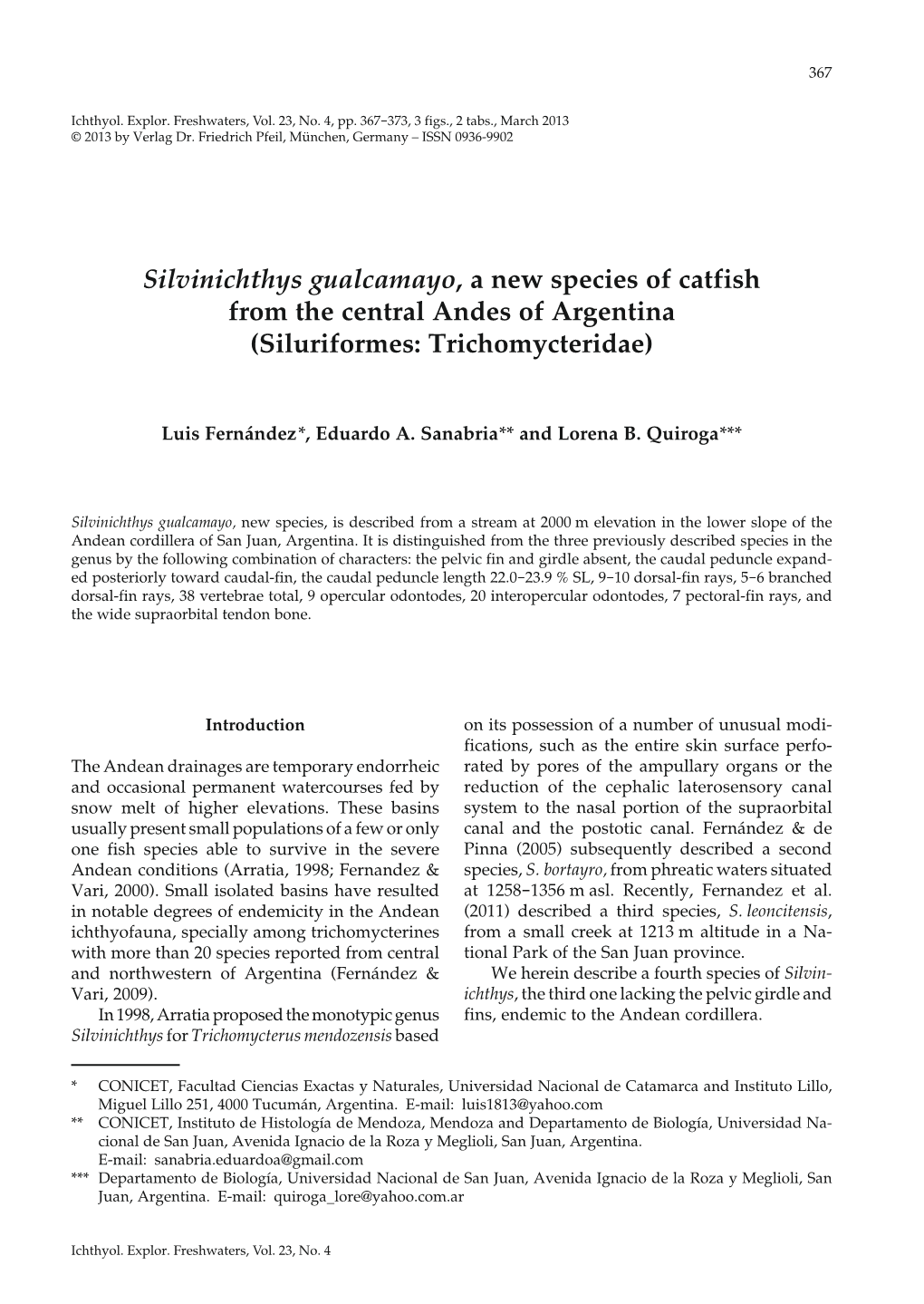 Silvinichthys Gualcamayo, a New Species of Catfish from the Central Andes of Argentina (Siluriformes: Trichomycteridae)