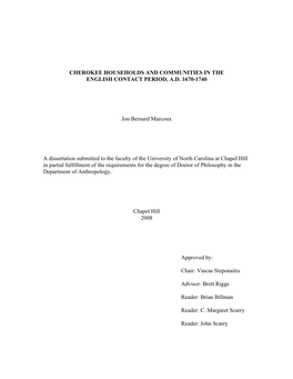 Cherokee Households and Communities in the English Contact Period, A.D