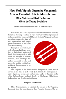 New York Yipsels Organize Vanguard; Acts As Colorful Unit in Mass Action: Blue Shirts and Red Emblems Worn by Young Socialists
