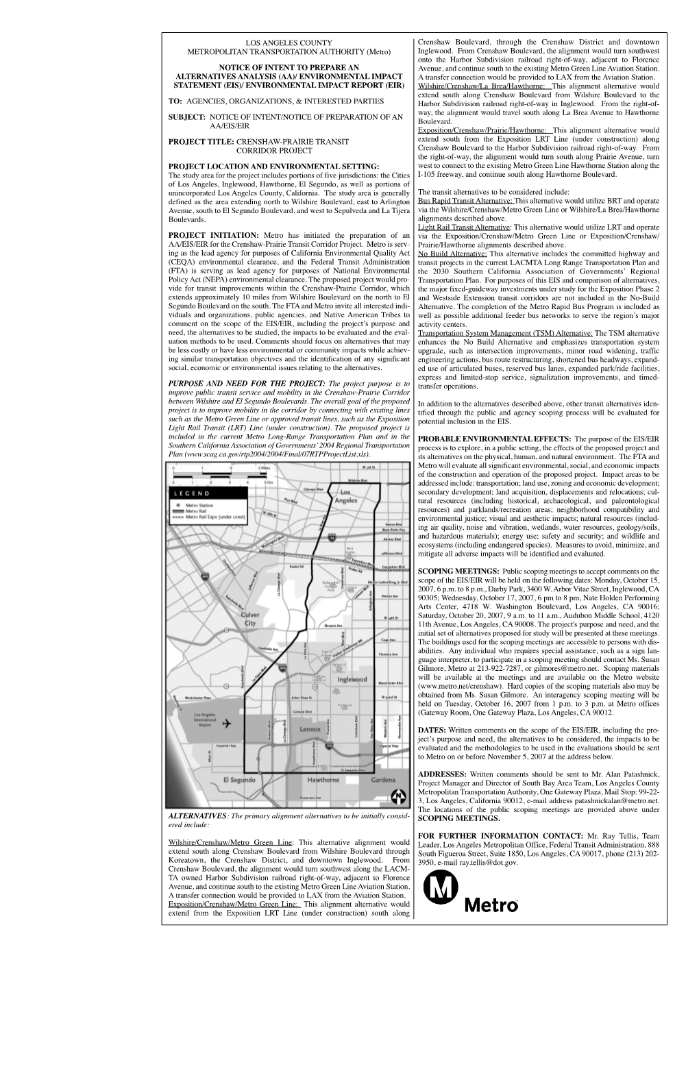 NOTICE of INTENT to PREPARE an Avenue, and Continue South to the Existing Metro Green Line Aviation Station