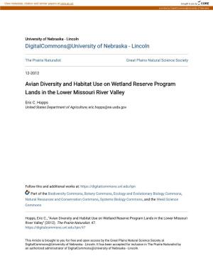 Avian Diversity and Habitat Use on Wetland Reserve Program Lands in the Lower Missouri River Valley