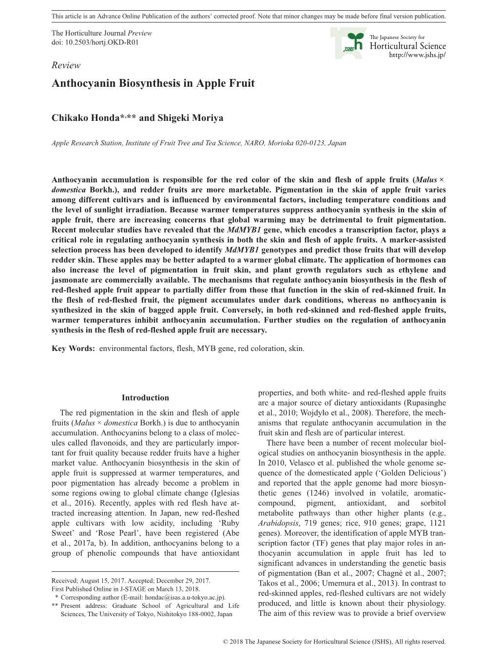 Anthocyanin Biosynthesis in Apple Fruit