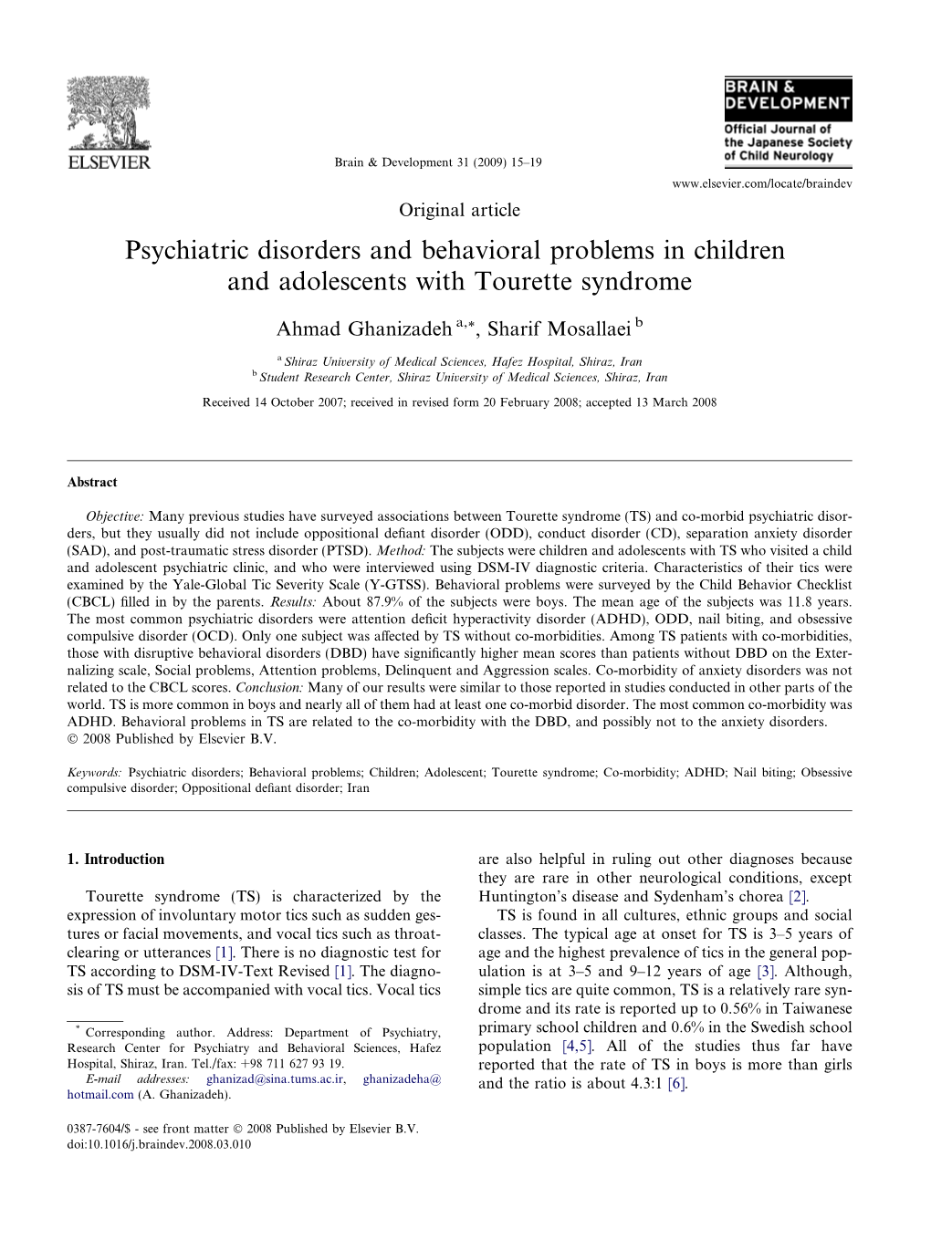 Psychiatric Disorders and Behavioral Problems in Children and Adolescents with Tourette Syndrome