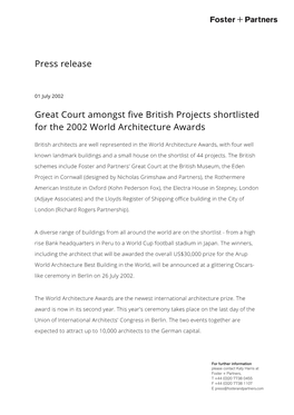 Press Release Great Court Amongst Five British Projects Shortlisted For