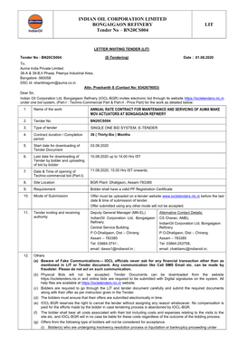 INDIAN OIL CORPORATION LIMITED BONGAIGAON REFINERY Tender No