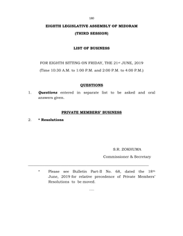 EIGHTH LEGISLATIVE ASSEMBLY of MIZORAM (THIRD SESSION) LIST of BUSINESS for EIGHTH SITTING on FRIDAY, the 21St JUNE, 2019 (Time