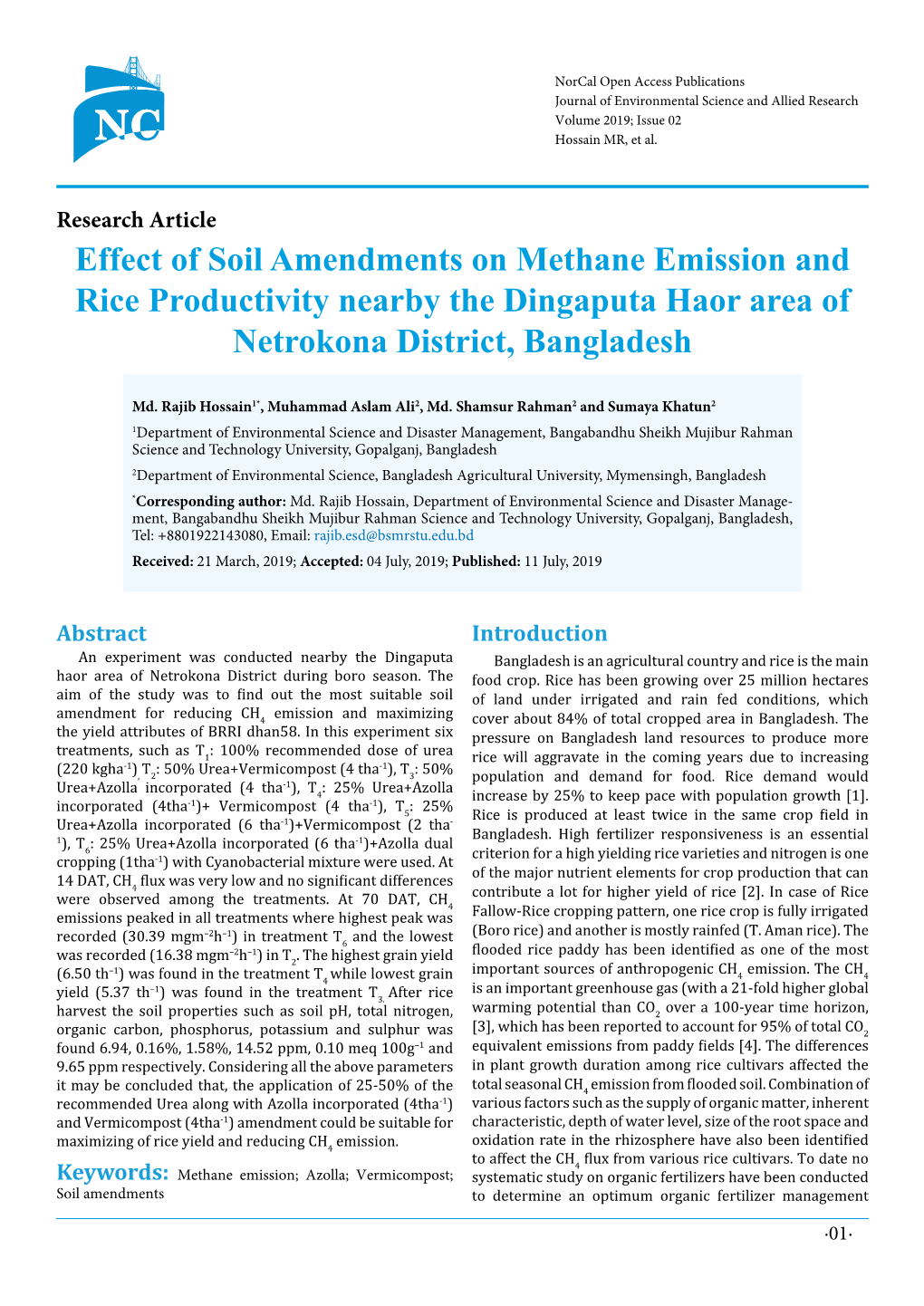 Effect of Soil Amendments on Methane Emission and Rice Productivity Nearby the Dingaputa Haor Area of Netrokona District, Bangladesh