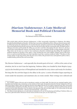 Diarium Vadstenense: a Late Medieval Memorial Book and Political Chronicle