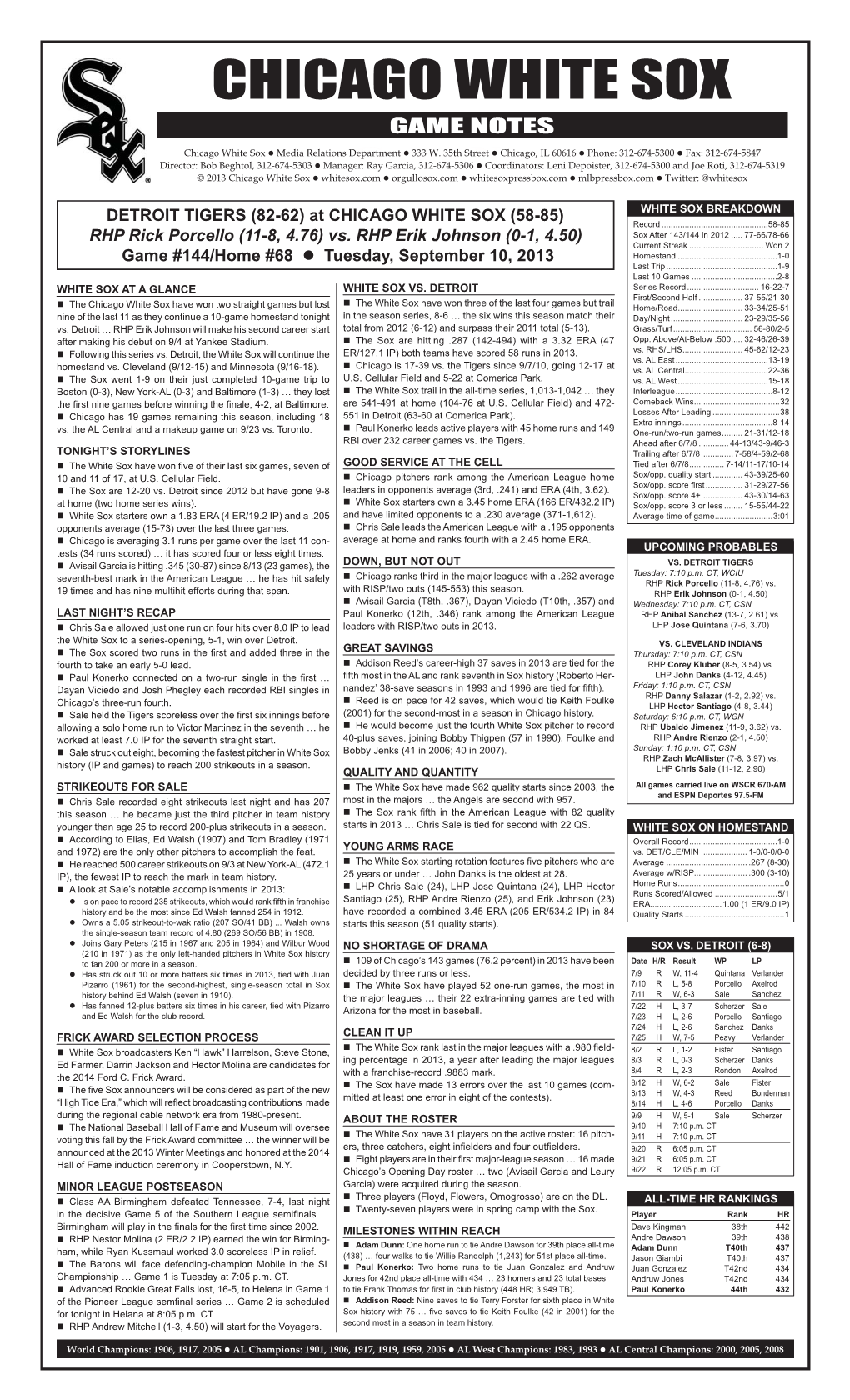 CHICAGO WHITE SOX GAME NOTES Chicago White Sox  Media Relations Departmentgame  333 W