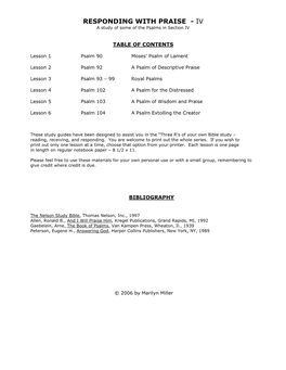 RESPONDING with PRAISE - IV a Study of Some of the Psalms in Section IV