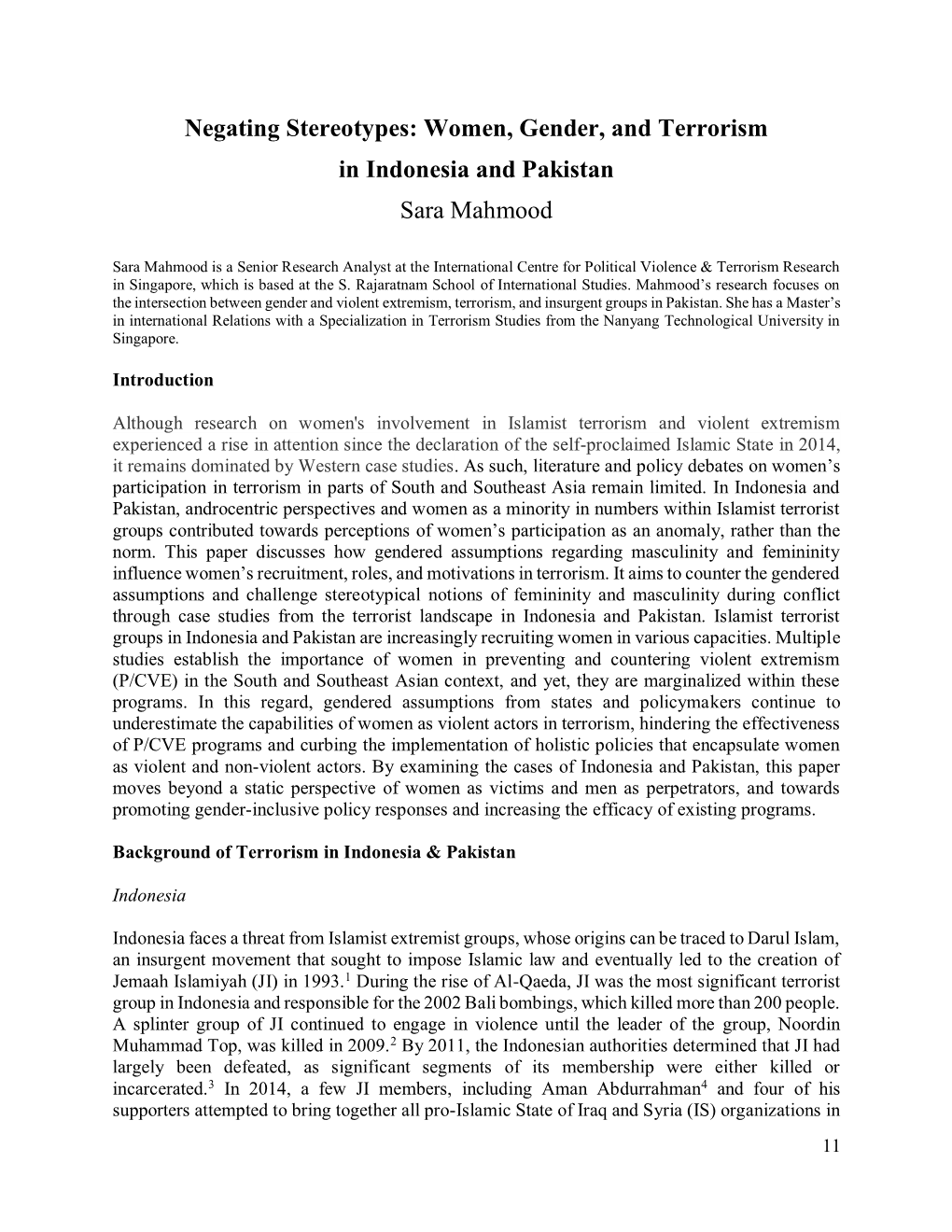 Women, Gender, and Terrorism in Indonesia and Pakistan Sara Mahmood