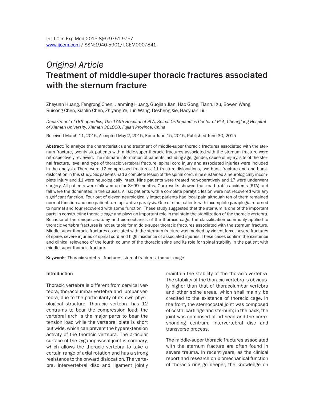 Original Article Treatment of Middle-Super Thoracic Fractures Associated with the Sternum Fracture