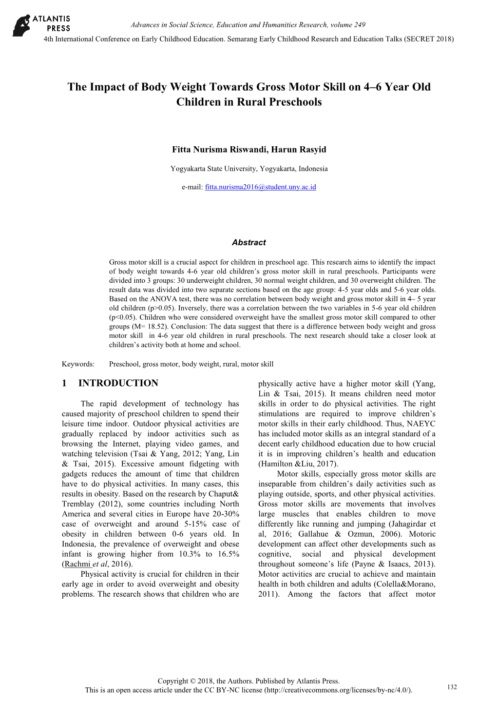 The Impact of Body Weight Towards Gross Motor Skill on 4–6 Year Old Children in Rural Preschools