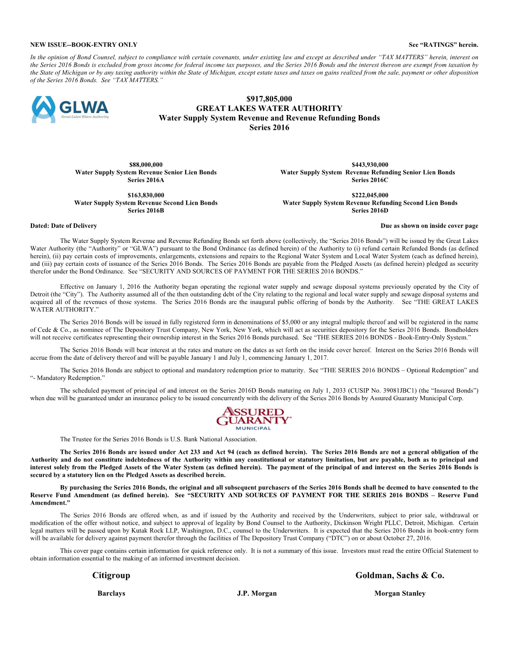 Water Supply System Revenue and Revenue Refunding Bonds Series 2016