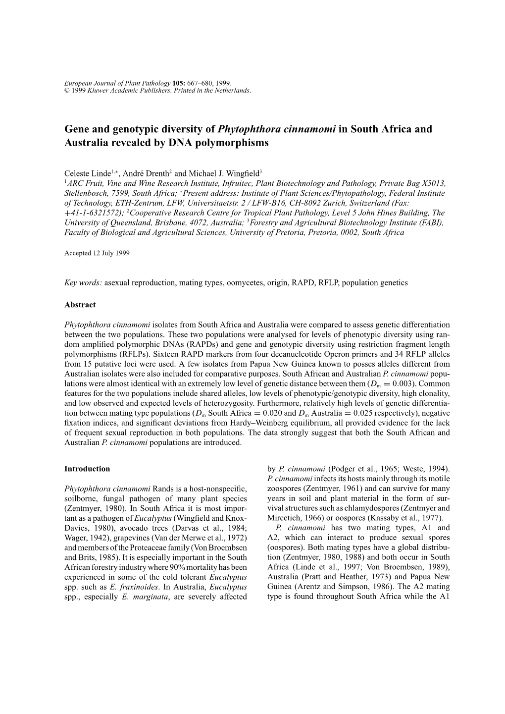 Gene and Genotypic Diversity of Phytophthora Cinnamomi in South Africa and Australia Revealed by DNA Polymorphisms